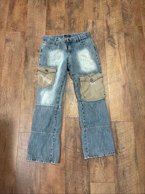 Men's Blue Denim Jeans with Tan Knee Patches